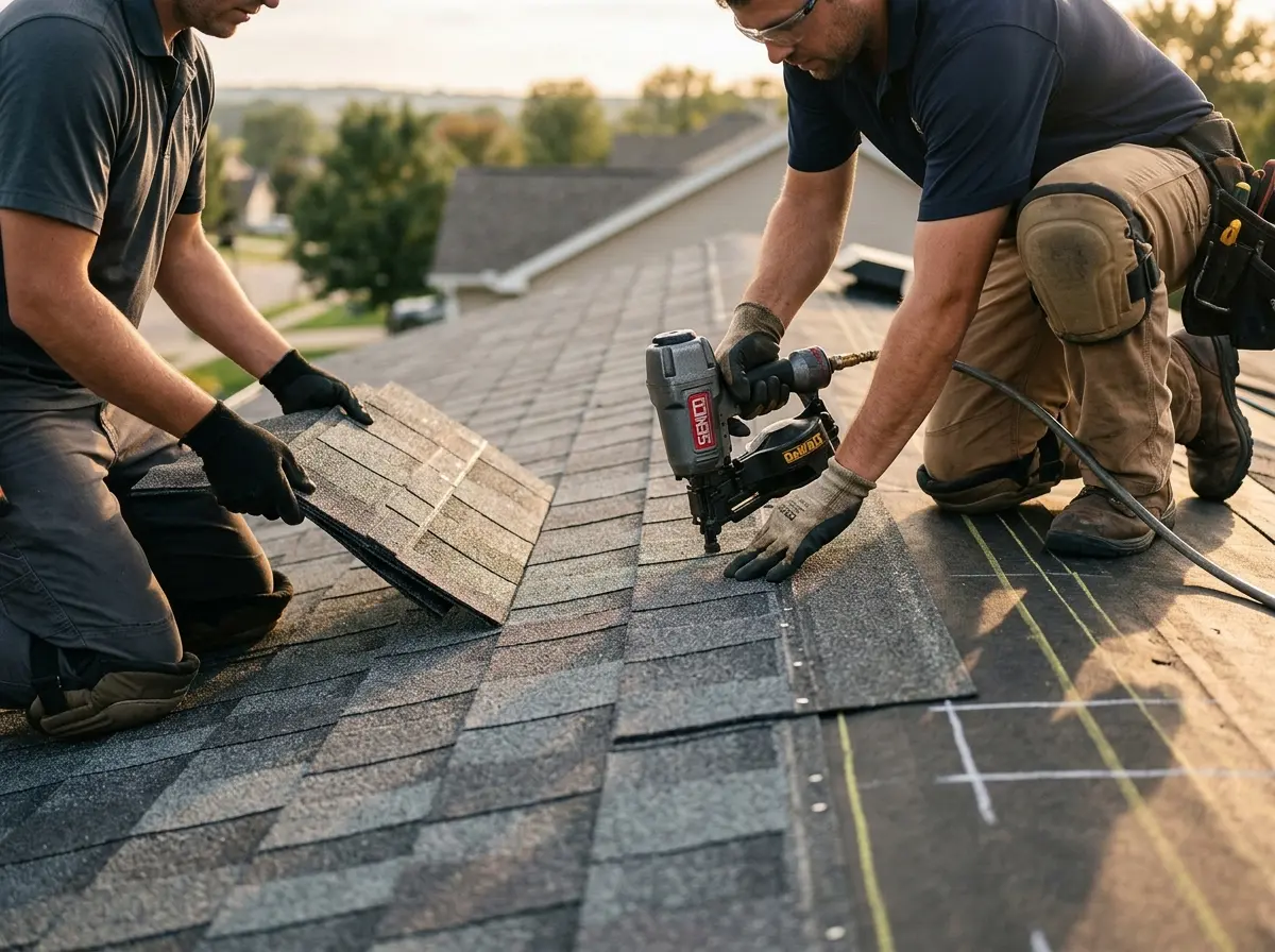 Professional roofer working on a residential roof in La Mirada